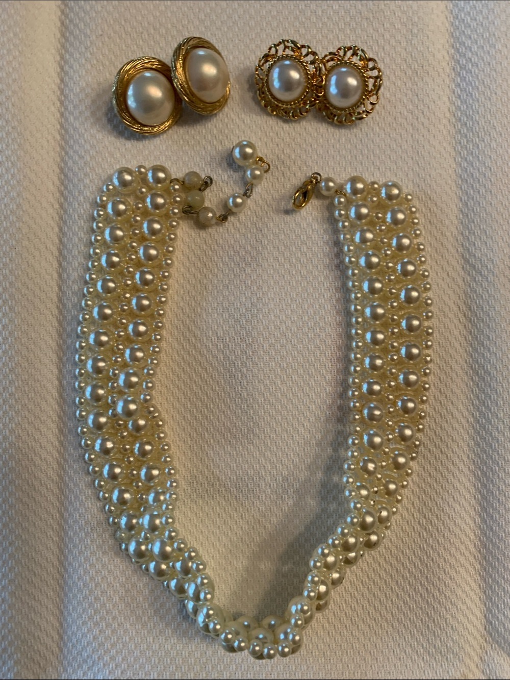 Classic Pearl Multi-Strand Necklace with Pearl Button Earrings - Gold Accents
